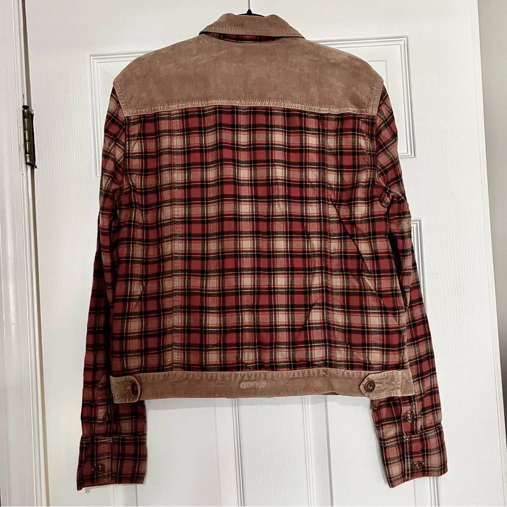 Rustic Fall Brown Cozy Warm Corduroy Utility Jacket Plaid Sleeves Western Barn - Picture 2 of 9